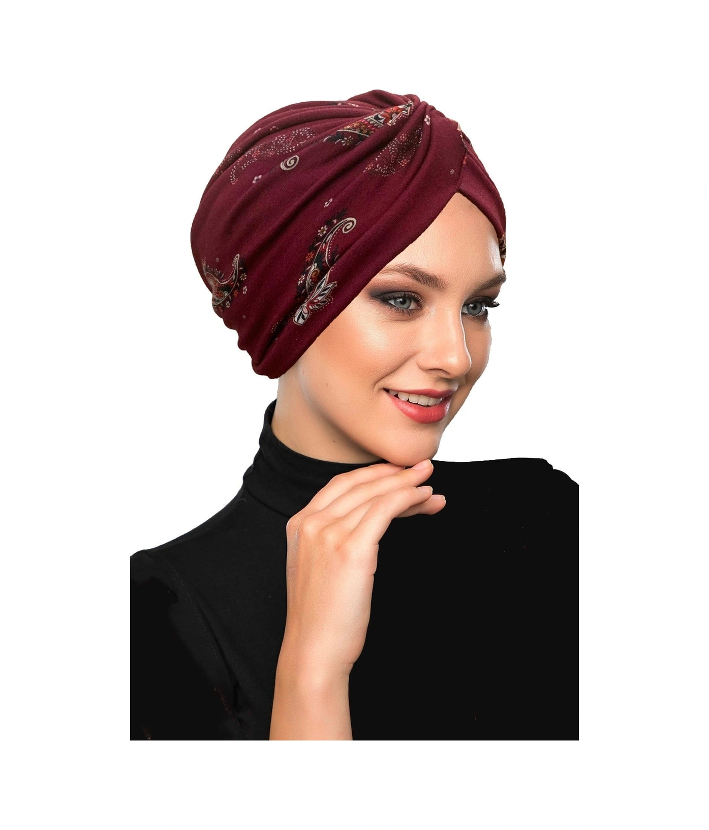 Fidan Desenli Çapraz Penye Bordo Yazma Desenli Hazır Türban Tesettür Havuz Bonesi Bordo-yazma
