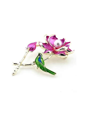 Solfera Pembe Lotus Çiçeği Daldaki Kuş Renkli Metal Broş Rz192