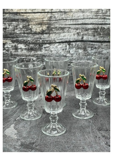 6 Lı Kristal Cam Kahve Yanı Bardağı Kiraz Bardak Kirazlı Flüt 75m