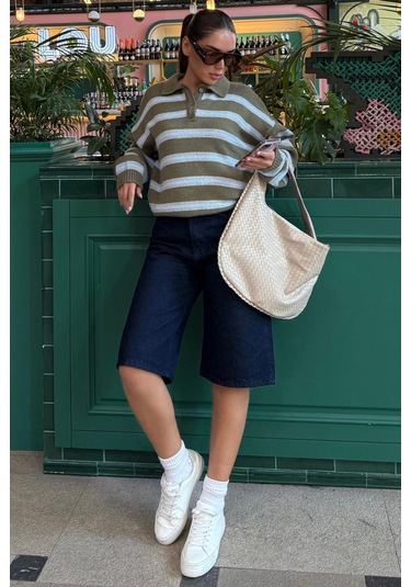 Haki Polo Yaka Çizgili Kadın Triko Kazak Mg2469 Haki