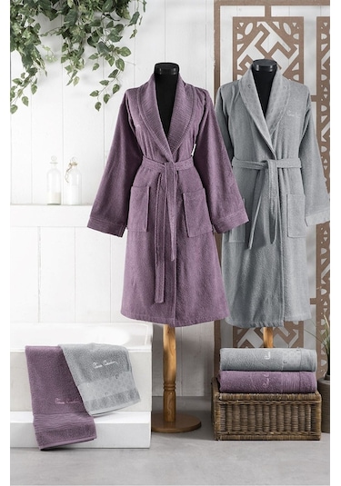 Pierre Cardin AST47 Logo Soft Jakarlı Aile Bornoz Seti Gri - Mürdüm