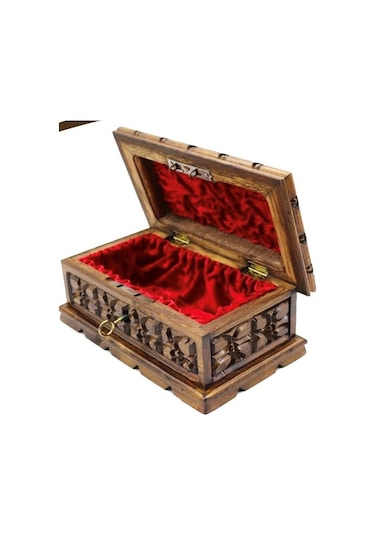 Ahşap Oyma İşlemeli Kilitli Sandık Kutu 24 cm