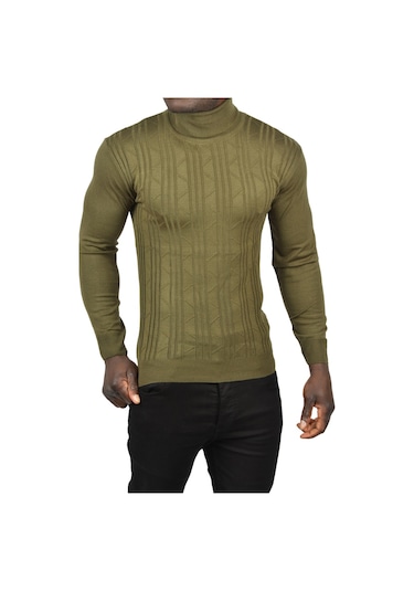 Deepsea Erkek Haki Çizgi Desenli Slim Kesim Tam Balıkçı Yaka Triko Boğazlı Kazak 2505509 Haki
