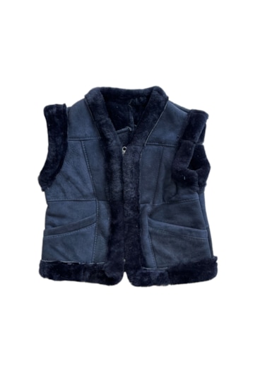 Patchwork İçi Kürk-dışı Süet Gerçek Deri Çocuk Yelek Lacivert