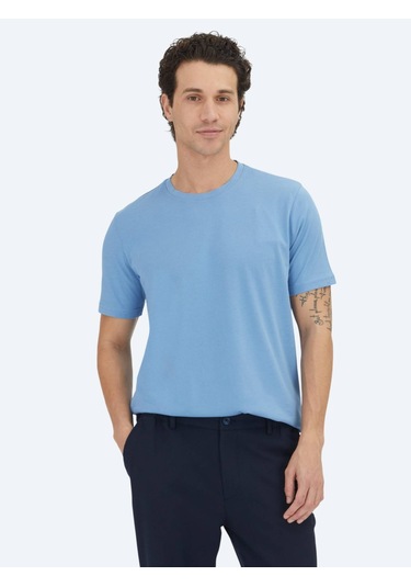 Mavi Düz Bisiklet Yaka %100 Pamuk T-shirt Mavi