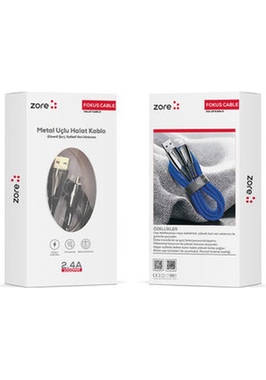 Zore Focus Metal Uçlu Halat Kablo Type C 2.4 A 1 M -> Mavi