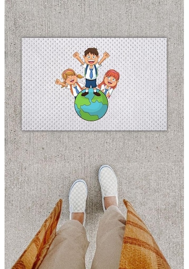 Dijital Baskı Dekoratif Mutlu Çocuklar Beyaz Kapı Önü Paspası K-1285