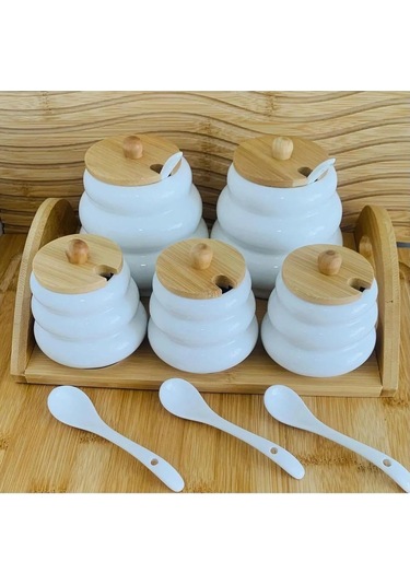 Qerhome Bambu Standlı Porselen 5'li Baharatlık Cmr ŞEffaf