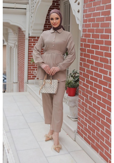 Taş Düğme Detaylı Takım Vizon Vizon