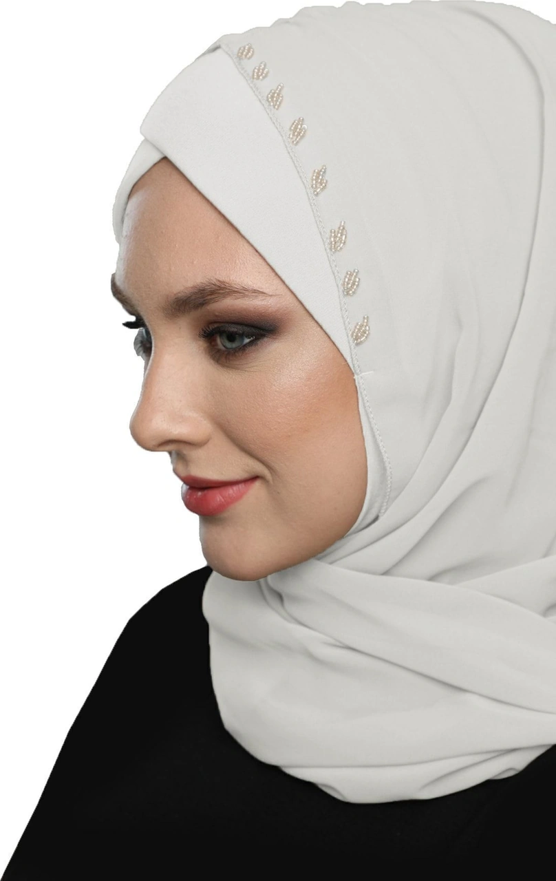 Şallı Takmatik Taşlı Krem Hazır Türban Tesettür Bone Namaz Örtüsü Krem