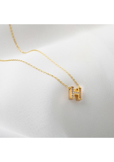 Taşlı H Harfli Minimal Harf Kolye Altın