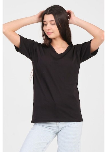 As Collection Siyah V Yaka Kısa Kol Örme Kadın T-shirt Siyah