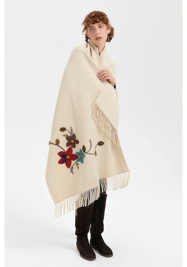 Desen Triko Kadın Örgü Çiçek İşlemeli Püsküllü Şal 24073 T.melanj T.melanj Taş