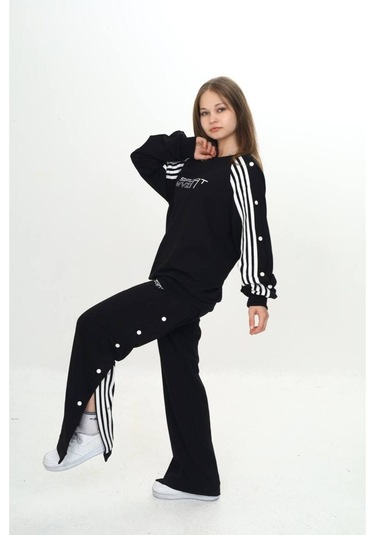 Unisex Çocuk 2 İplik Çıtçıtlı Alt&üst Eşofman Takımı %100 Pamuk Rahat Kalıp-299-eşt-0006 Siyah