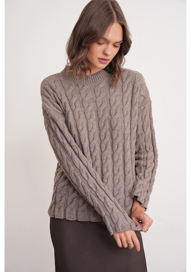 6973 Kadın Saç Örgülü Regular Basic Triko Kazak Toprak Toprak