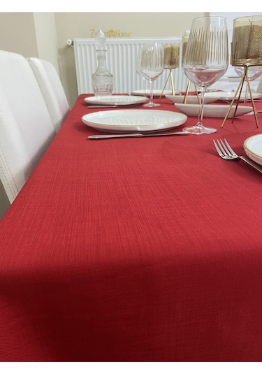 Keten Görünümlü Dertsiz Masa Örtüsü Kırmızı 13 Parça