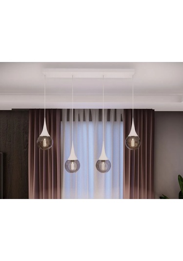 Opya Füme Camlı 4 Lü Beyaz Metal Sarkıt Modern Sıralı Avize, E2 1 Adet