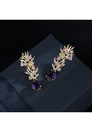 100 % Gerçek 14 K Altın Ametist Damla Küpe Kadınlar Için Aros Mujer Oreja Doğal Mor Ametist Taş Orecchini Küpe Dişiler