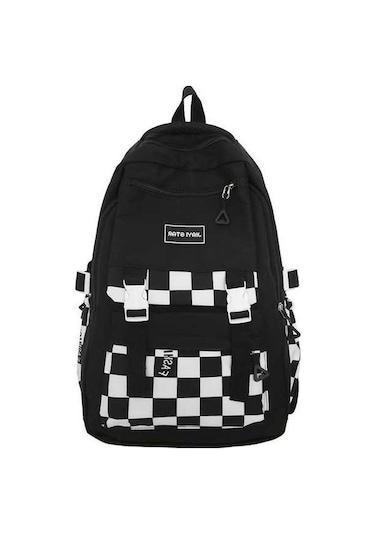 Novahub Siyah Dama Tahtalı Çanta Desenli Okul Çantası Kız Öğrenci Sırt Çantası Ortaokul Kadın Sırt Çantası Siyah