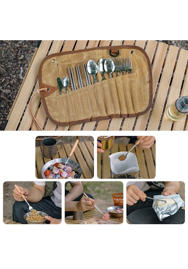 Neevoyu Mumlu Kumaş Çatal Bıçak Seti Çantası - 11 Parça Paslanmaz Çelik Kamp Ve Piknik Ekipmanı Sarı