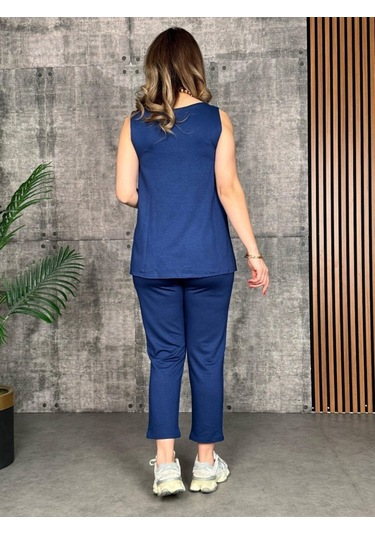 Supplierby Kadın Askılı Yuvarlak Yaka Viskon Iki Iplik Bluz Ve Eşofman Altı Ikili Takım Lacivert