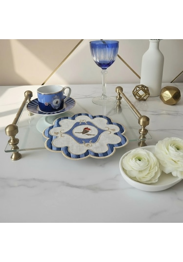 2 Adet Mavi Pip Studio Uyumlu Nakışlı Kuş Detaylı Kokteyl Sunum Peçetesi Çok Renkli