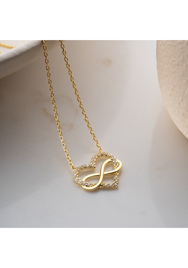 925 Ayar Gümüş Taşlı Sonsuzluk Ve Kalp Kolye Gold