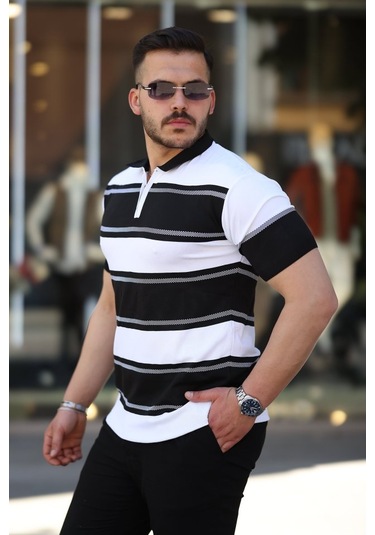 Erkek Yakalı Fermuarlı Çift Renk Kısa Kollu T-shirt Siyah