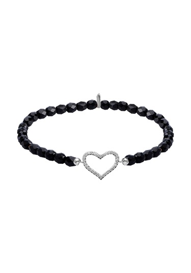 Zirkon Taşlı Pırlanta Montür Gümüş Rengi Kaplama Siyah Boncuklu Kalpli Strech Gümüş Bileklik Gümüş - Rose Gold