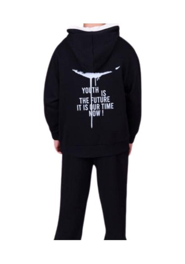 Çocuk 2 İplik Kumaş Pamuklu Sırtı Yazı Detaylı Kapüşonlu Tasarım Sweatshirt-13541 Siyah