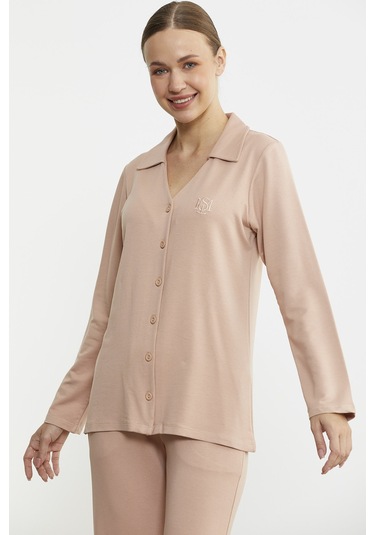 Gömlek Model Nakışlı Pijama Takım - Somon Somon