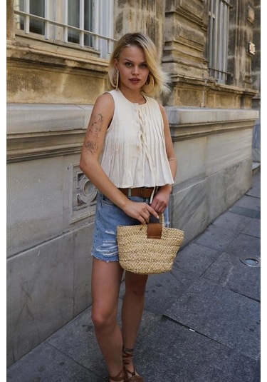 Pileli Bağlamlı Bluz - Natür Natür