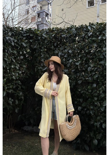Kadın Sarı Müslin Kumaş, Hasır Şerit Detaylı Salaş Kimono Ceket Sarı