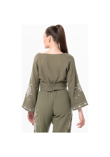 Uzun Kol Günışığı Büzgü Detaylı Yazlık Müslin Bluz Haki Hk-haki Haki