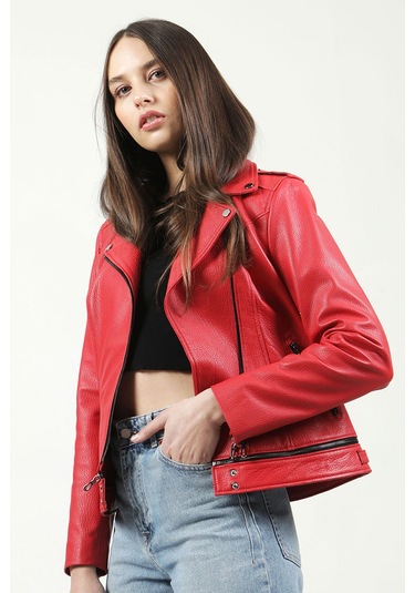 Dericlub Yb-Rm416 Croko Baskılı Gerçek Deri Kadın Mont Kırmızı