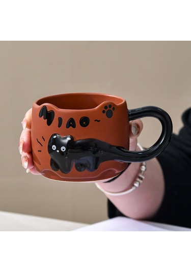 Suofeng Kedi Desenli Seramik Kupa Seti 380ml, Mikrodalga Güvenli, Kahve/süt İçin, Sarı, Ev Kullanıma Uygun Sarı