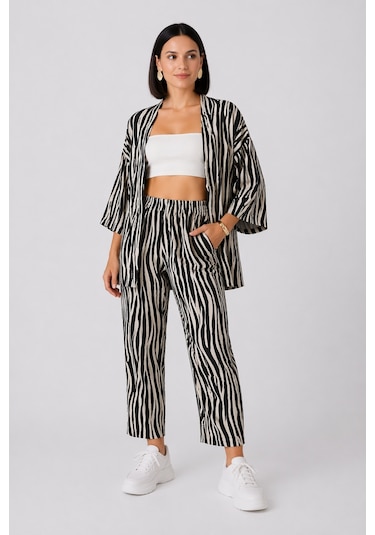Trend Alisse Zebra Desenli Kimono Kadın Alt Üst Takım Çok Renkli