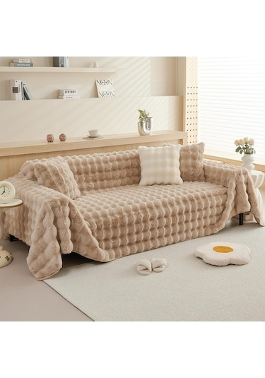Willowhaven Kış Yumuşak Tavşan Peluş Kanepe Havlusu, Modern Açık Kahve Örtü, 180x130 Cm, Kombine Kanepe İçin Açık Kahve