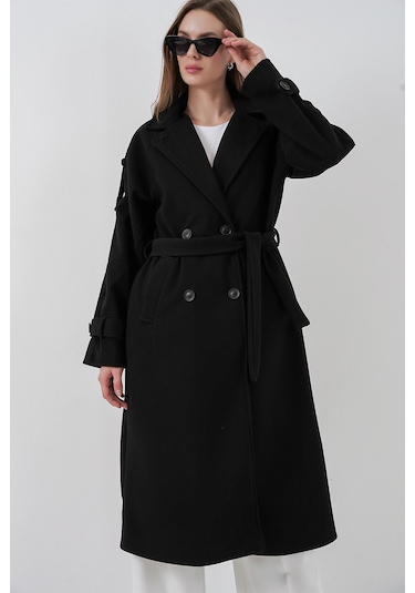 Kadın Kuşaklı Kaşe Kaban 9161 - Siyah Siyah