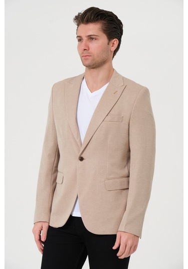 Bonesti Erkek Slim Fit Blazer Ceket Krem Kırçıllı