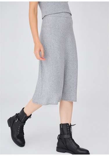 Peraluna Kloş Kesim Kaşmir Karışım Diz Altı Triko Etek Gri Melanj
