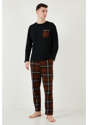 Buratti Ekoseli Cepli Beli Lastikli % 100 Pamuk Regular Fit Erkek Pijama Takımı 6572001 Siyah-Kahve