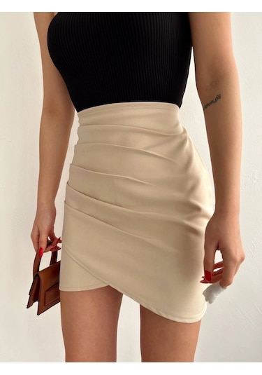 Yandan Drapeli Asimetrik Etek Bej S24771 Bej