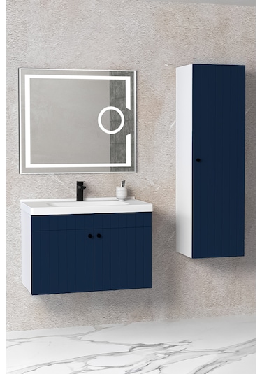 Avien 80 Cm Banyo Dolabı Kiev Led Aynalı Lacivert-boy Dolap Dahil Lacivert