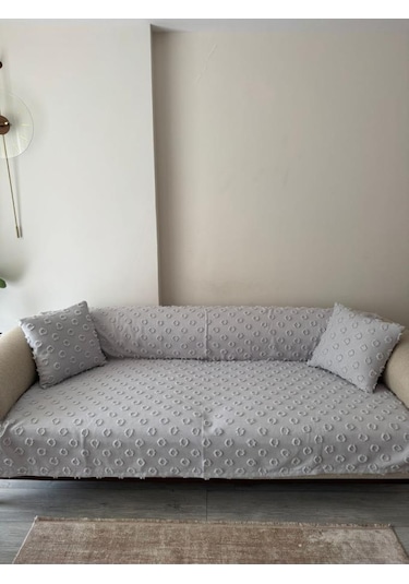 Konik Kırlent Kılıfı Hediyeli 170x210 Cm Pamuklu Koltuk Örtüsü Gri Gri