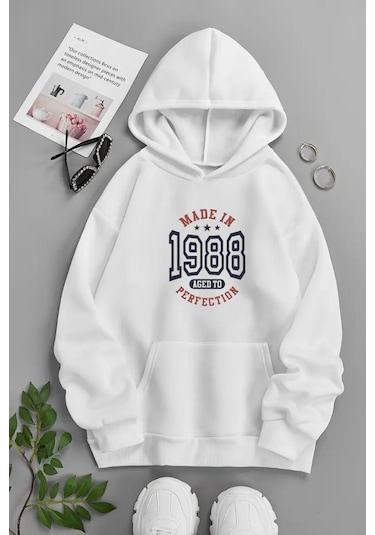 Unisex Beyaz Kapüşonlu Sweatshirt Made İn Perfection ,baskılı Şardonlu Kalın Kumaş Beyaz