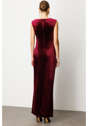 Ekol Kadın Beli Büzgülü Maxi Kadife Elbise 4141 Bordo Bordo