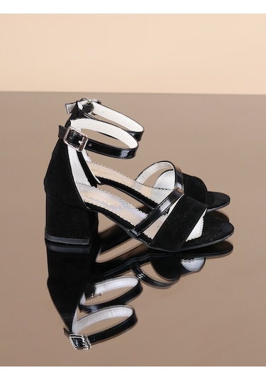 Kidessa 998 Kız Çocuk Kalın Topuklu Ayakkabı Siyah Nubuk Siyah