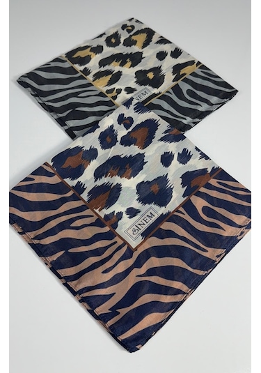 Sinem İndia Leopar Desen 2'li Sorti Eşarp -6294 Lacivert-sarı