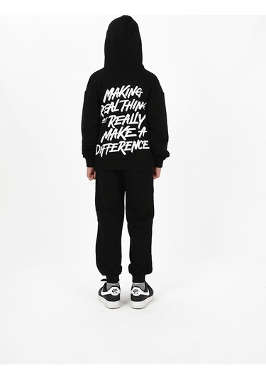 Erkek Çocuk Üç İplik Şardonsuz Kumaş Baskılı Kapüşonlu Eşofman Takımı Siyah